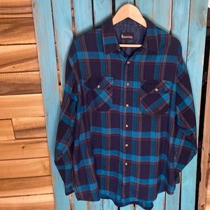 Vintage 90s Timber Ridge plaid acrylic shirt size XL blues red and tan